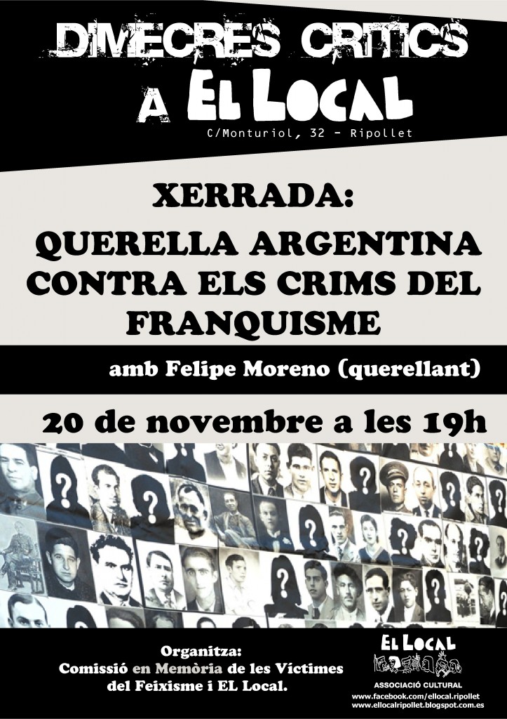 Cartel charla sobre la querella en Ripollet el 20.11.2013